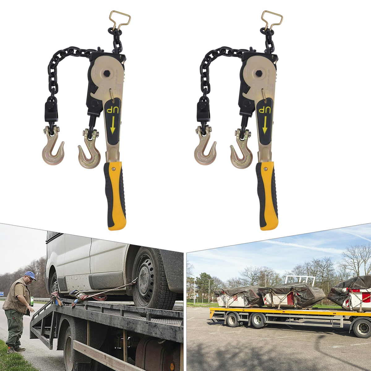 2PCS Ratcheting Chain Load Binder, Yellow, Load 6600lbs, 3/8-1/2in