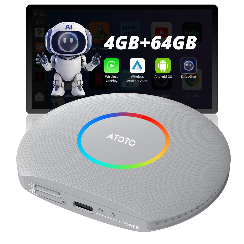 CB6 CarPlay AI Box & Android AI Box, Wireless CarPlay/AndroidAuto Adapter, Plug & Play CarWave Car Smart Box with AI DriveChat, GPS Track, Android 13, 2 BT, 4G LTE, 4G+64G, Silver