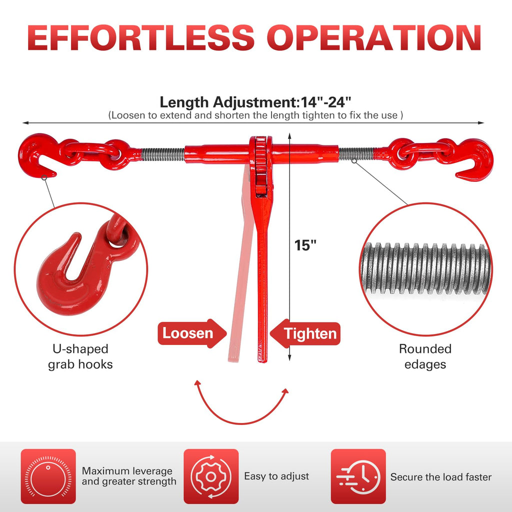 3/8" to 1/2" Ratchet Chain Binder with G80 5400 lbs Safe Working Load 3/8" X 10FT Binder Chain，with Grappling G70 Hook, Tie Down Hauling Chain Binders for Flatbed Truck Trailer