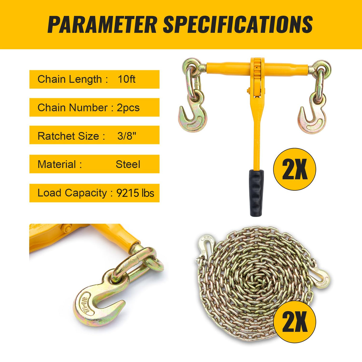 3/8in-1/2in Chain and Binder Kit, 9215 Lbs G80 Ratchet Load Binders Working Strength, Ratchet Load Binders and Chains Set of 2, 10ft Chains Truck, Tie Down, Hauling, Towing