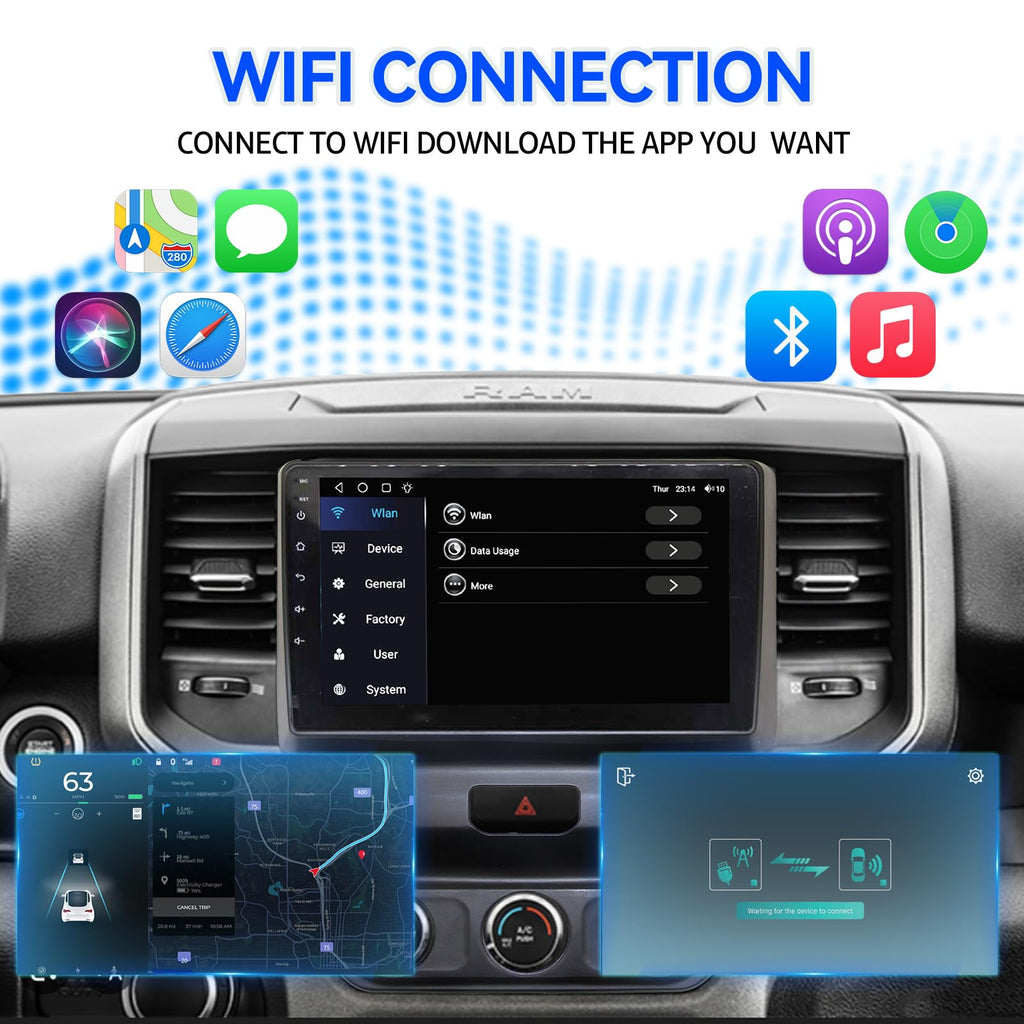 4+64G Car Radio for Dodge Ram 9 inch Touch Screen 2019 2020 2021 2022 2023 2024 Stereo,Wireless Carplay/WiFi/Bluetooth/EQ Audio/Andriod Auto/AM/FM/Navigation/AHD Camera