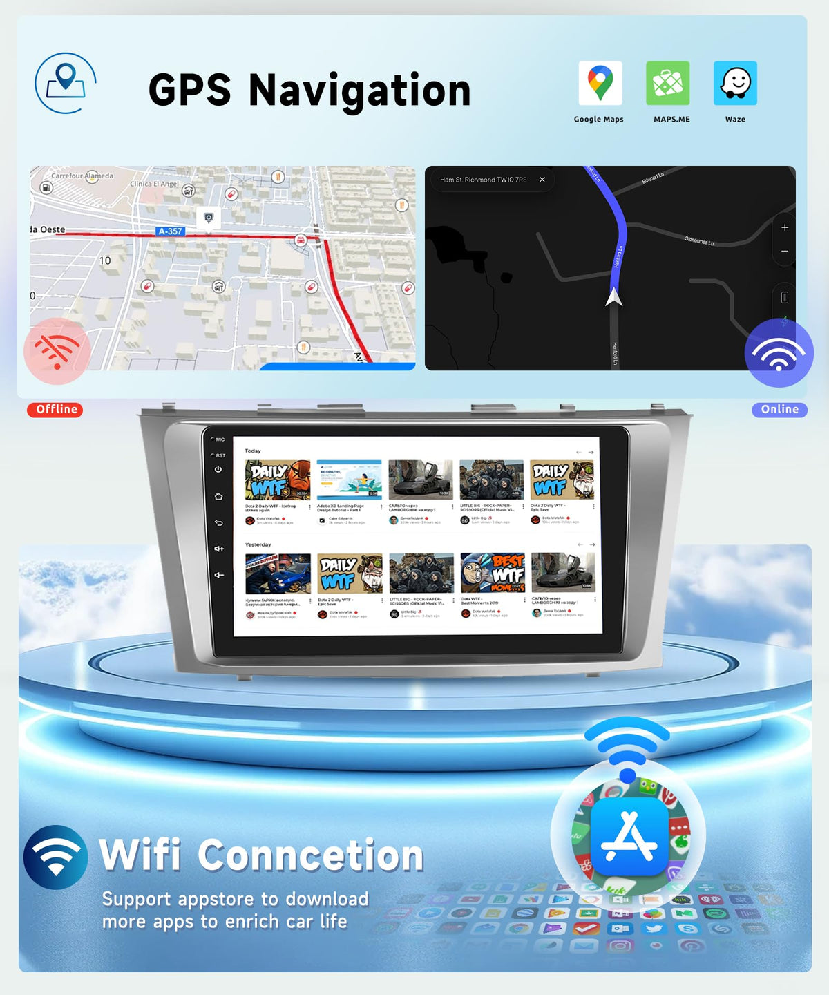 for Toyota Camry 2006-2011 with JBL 8 CORE 6G+128G Car Radio Stereo with Wireless CarPlay Android Auto, 9 Inch 1280 * 720P IPS Touch Screen Android 13 GPS WiFi Bluetooth 32-Band DSP SWC HD Camera