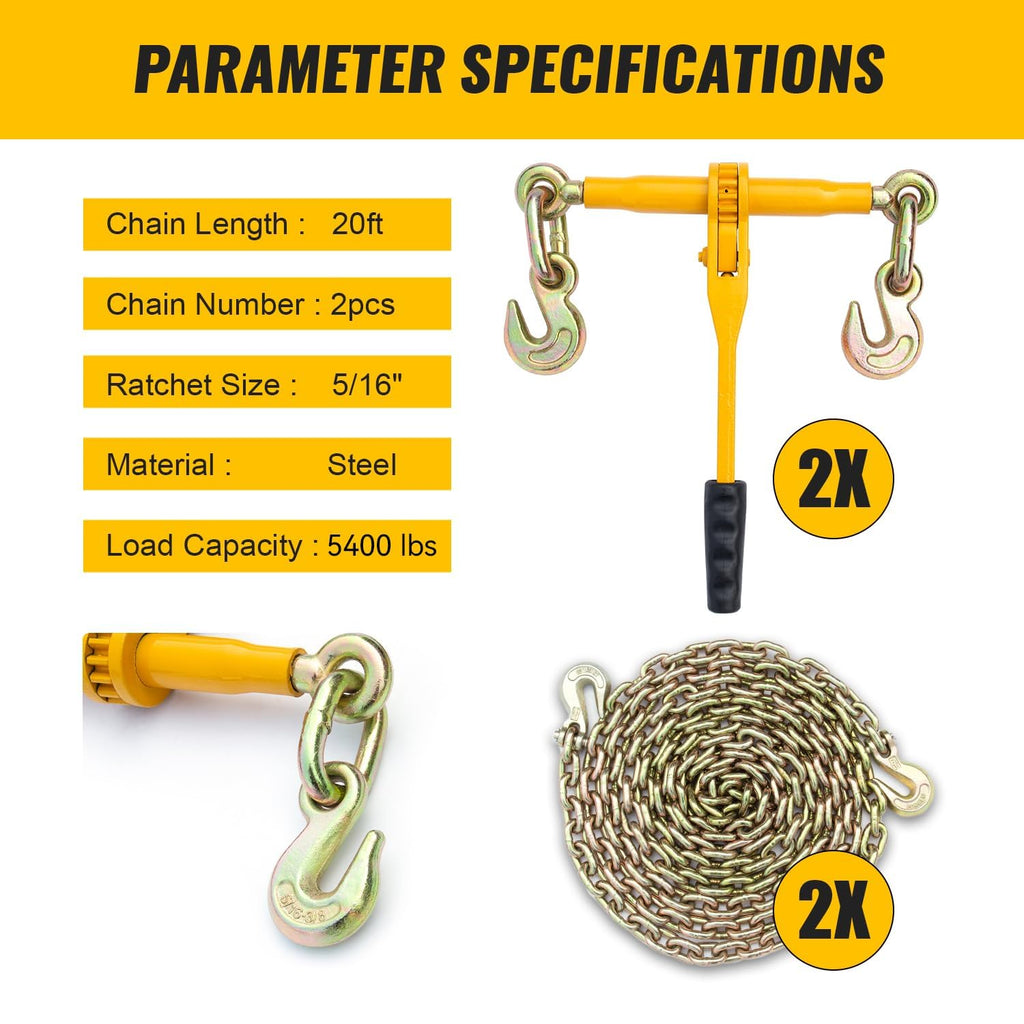 Chain and Binder Kit, G80 Ratchet Load Binders with 5/16" x 20 ft Chains, 5400 Lbs Working Load Limit, Heavy Duty Tie Down Hauling Set of 4 for Flatbed Truck & Trailer Use
