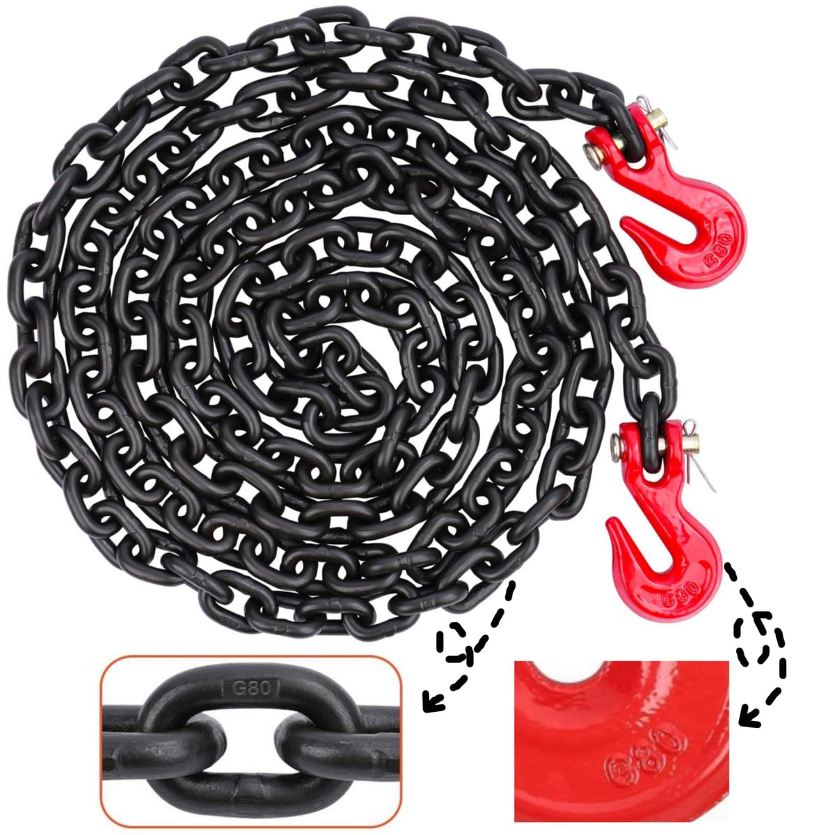 G80 Chain, 1/2" x 20' Safety Chain w/Grade 80 Clevis Grab Hooks