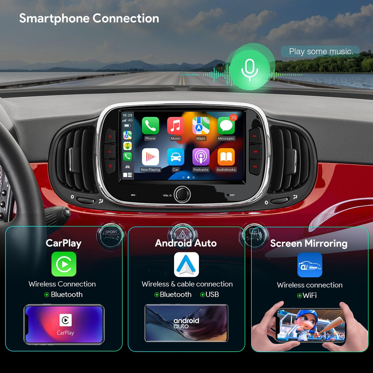 XTRONS 7" Android 14 IPS Touch Screen Car Stereo for Fiat 500 2016-2019