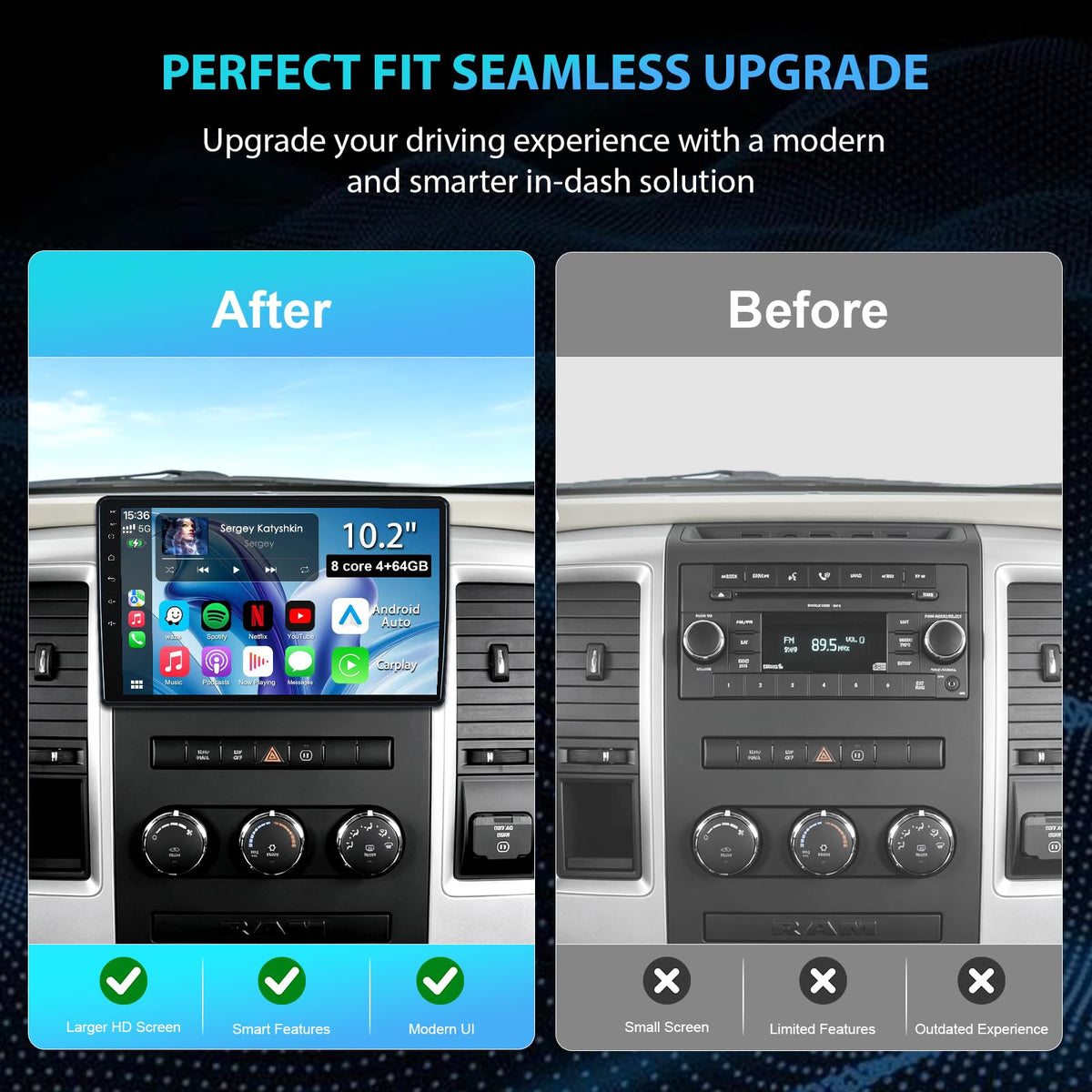 10.2" 8 Core 4+64GB Car Radio Stereo Upgrade for 2009-2012 Dodge Ram 1500 2500 3500, Plug and Play Android 13 Head Unit with Wireless Carplay/Android Auto/1080P Backup Camera