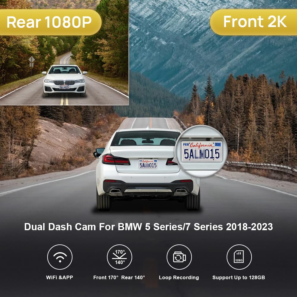 Fitcamx 2K Front and Rear Dash Cam Suitable for BMW 5 7 Series 2018-2023 530i 540i M550i 740i 750i M760i G30/G11, OEM Look, Dual 1440P+1080P HD Video, Loop Recording, WiFi & APP, G-Sensor, 64GB Card
