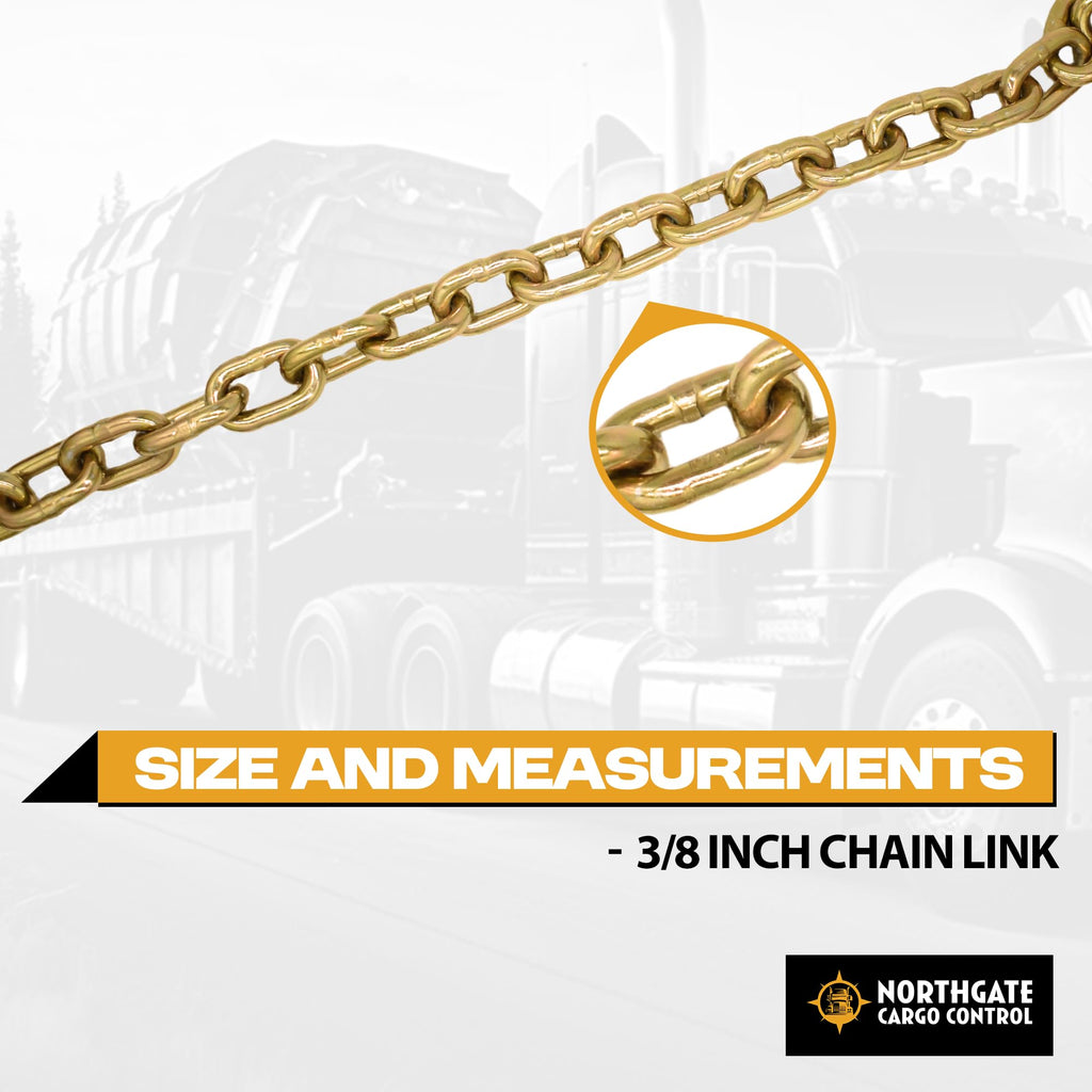 Transport Chain - 3/8" x 10 ft Long, Grade 70 Chain with Clevis Grab Hooks - G70 Load Binder Chain, 6,600 lbs WLL - Pack of 4 (Northgate Cargo Control)