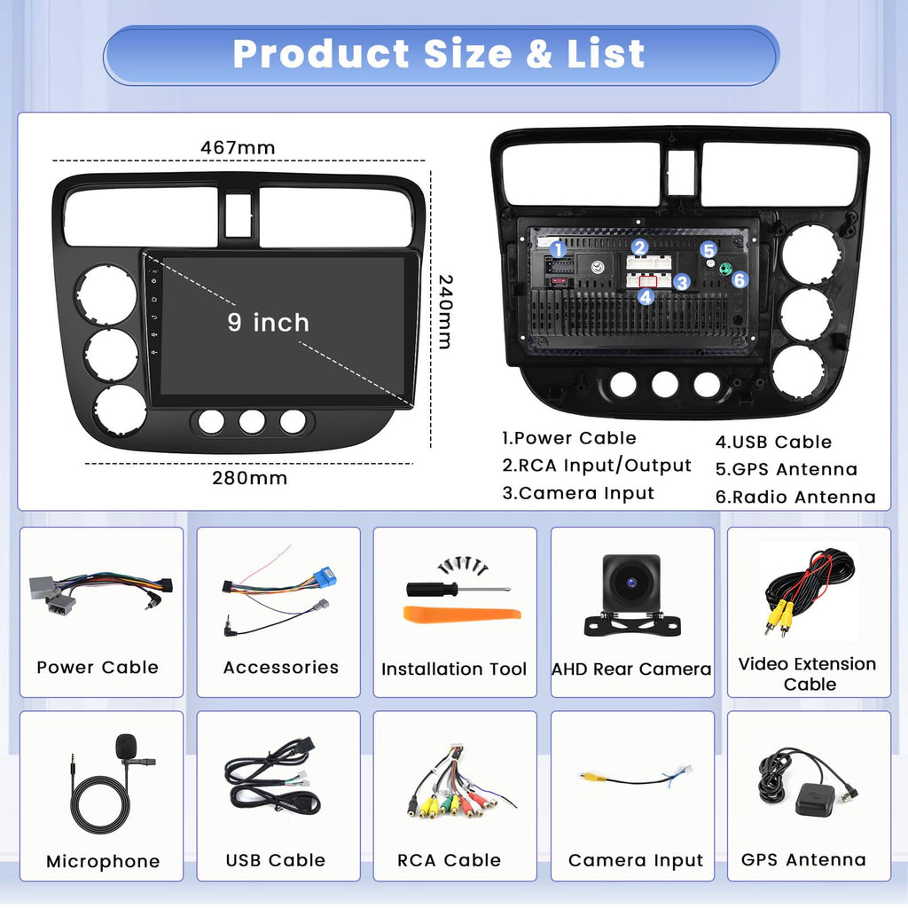 for Honda Civic 2001-2005 8 Core 6+128G 9 Inch IPS Android 15 Car Stereo