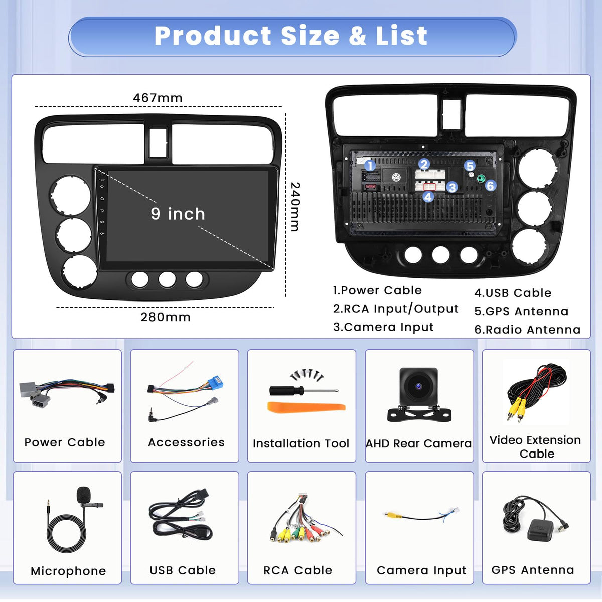 for Honda Civic 2001-2005 8 Core 6+128G 9 Inch IPS Android 15 Car Stereo