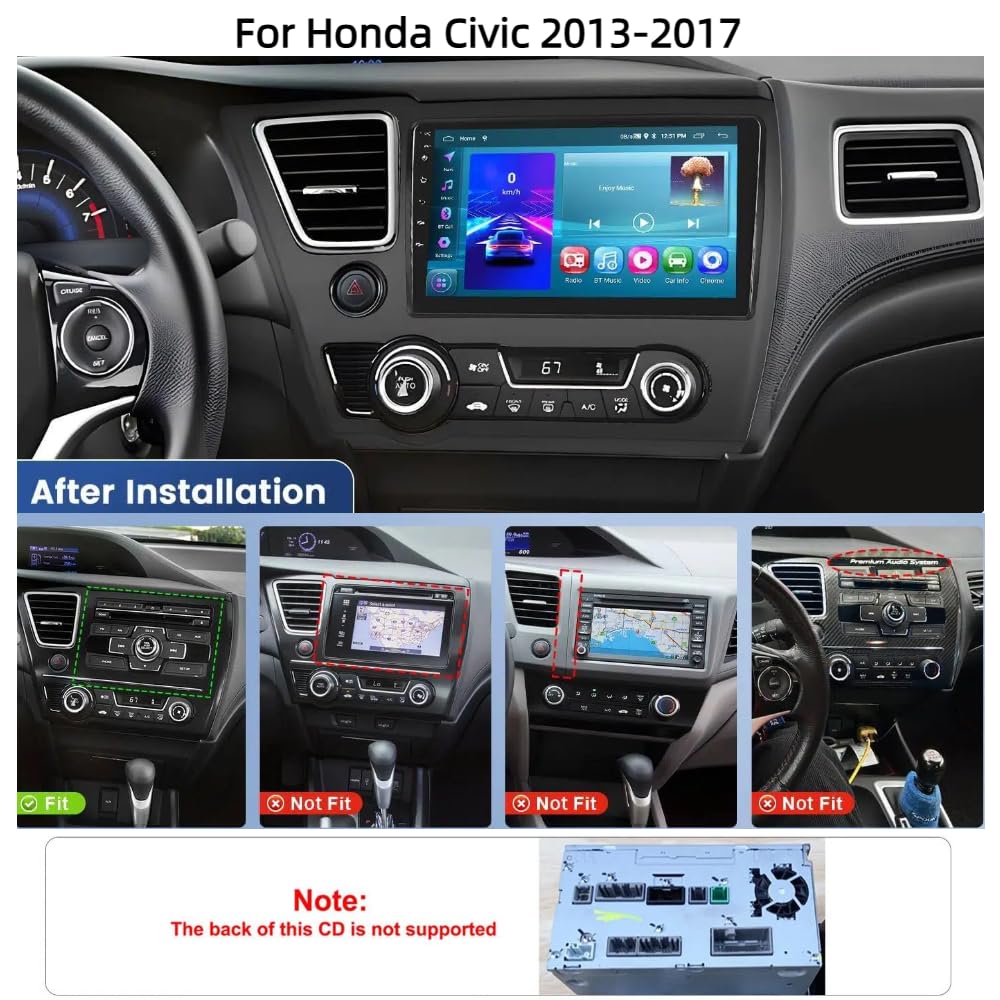 6+128G 8Core Android 15 Car Stereo for Honda Civic 2013-2017,9 inch IPS 1280 * 720 Touchscreen Radio Wireless Apple Carplay Android Auto DSP 5G WiFi Bluetooth GPS FM RDS+Free AHD Backup Camera