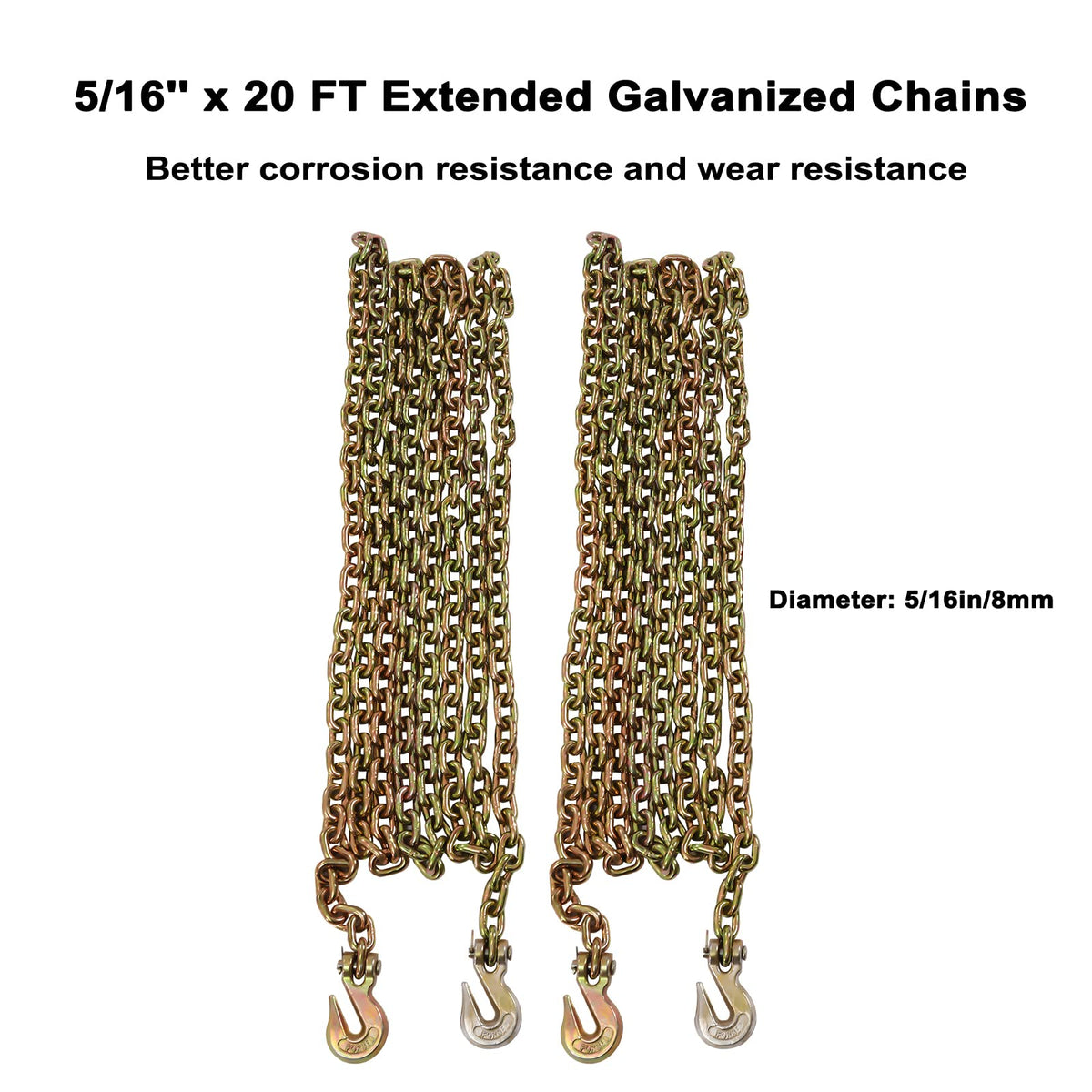 Chain and Binder Kit 5/16in-3/8in, Ratchet Load Binders 5400lbs Safe Working Strength, Ratchet Binders and Chains, 5/16in x 19.6ft Chains w/ G70 Hooks, for Truck, Tie Down, Hauling, Towing