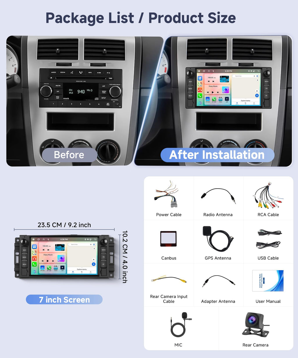 6G+128G Android Car Stereo for Dodge Ram 1500 2008-2012 Jeep Wrangler JK 2007-2018 with Wireless CarPlay Android Auto, Orderich 7 Inch Car Radio GPS Navigation WIFI SWC Bluetooth FM with Backup Camera