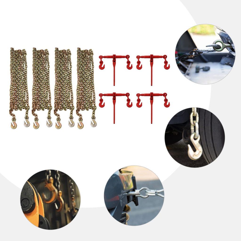 20ft Chains Hauling Chain and Binder Kit Ratchet Load Binder 5/16"-3/8" 4Pcs/Set w/Grappling Hook for Tie Down Heavy Loads to a Truck or Flatbed Trailer
