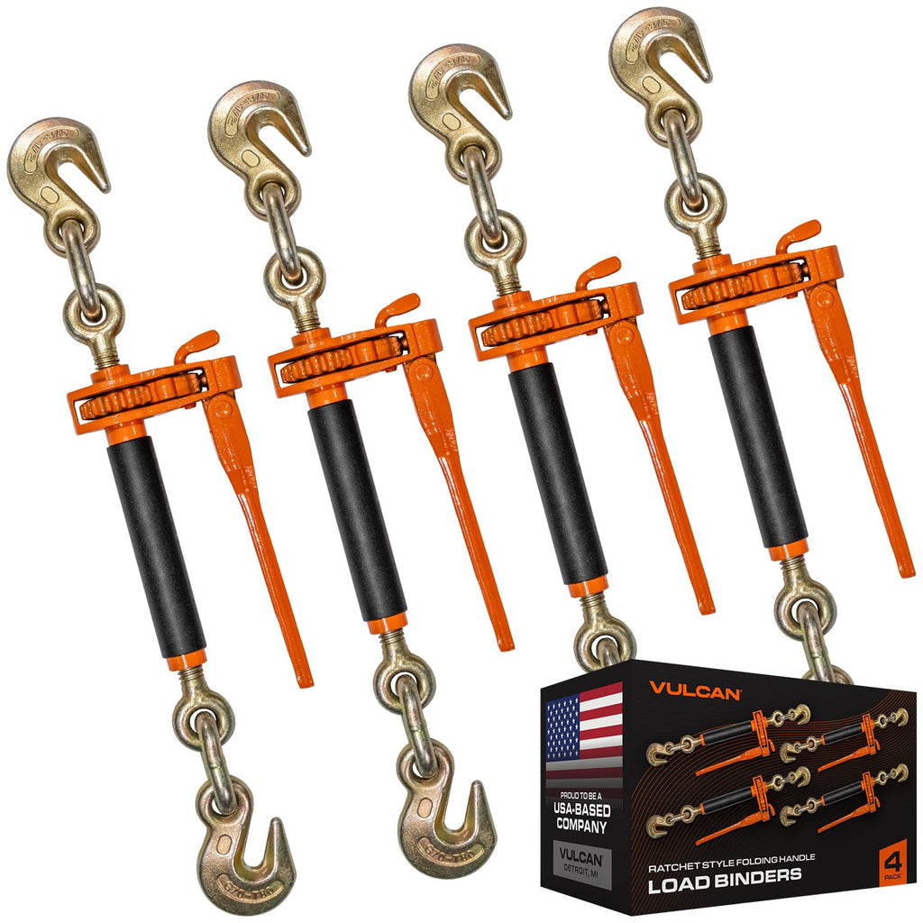 VULCAN Folding Handle Load Binder (Four Pack) with 2 Grab Hooks - Ratchet Style - 7100 Pound Safe Working Load (Works with 5/16 Inch or 3/8 Inch Grade 70 and Grade 80 Chain)