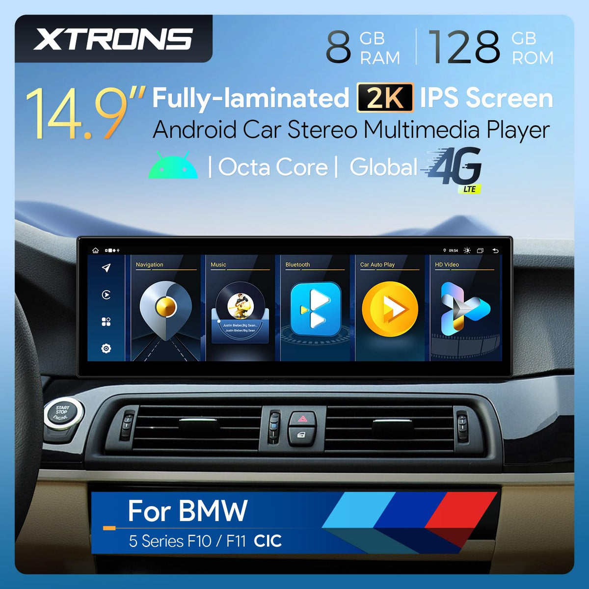 XTRONS 14.9 Inch Android 14 Car Stereo for BMW F10/F11 (2011-2012) CIC System, 2K IPS Touch Screen 8+128GB Global 4G Car Radio GPS Navigation Support Wireless CarPlay Android Auto