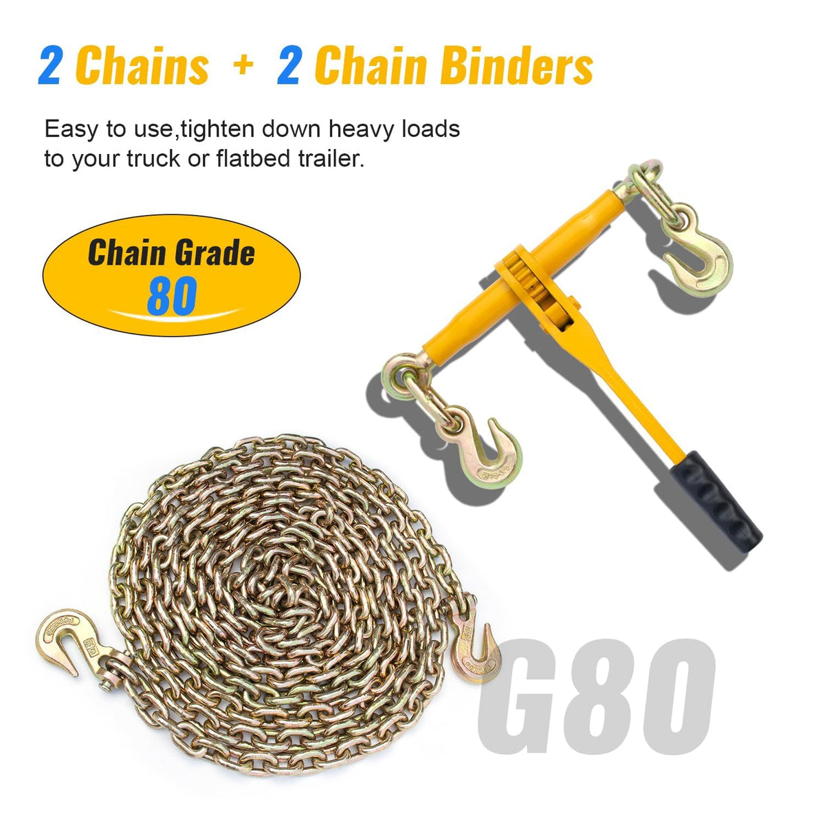 Chain and Binder Kit, G80 Ratchet Load Binders with 5/16" x 20 ft Chains, 5400 Lbs Working Load Limit, Heavy Duty Tie Down Hauling Set of 4 for Flatbed Truck & Trailer Use