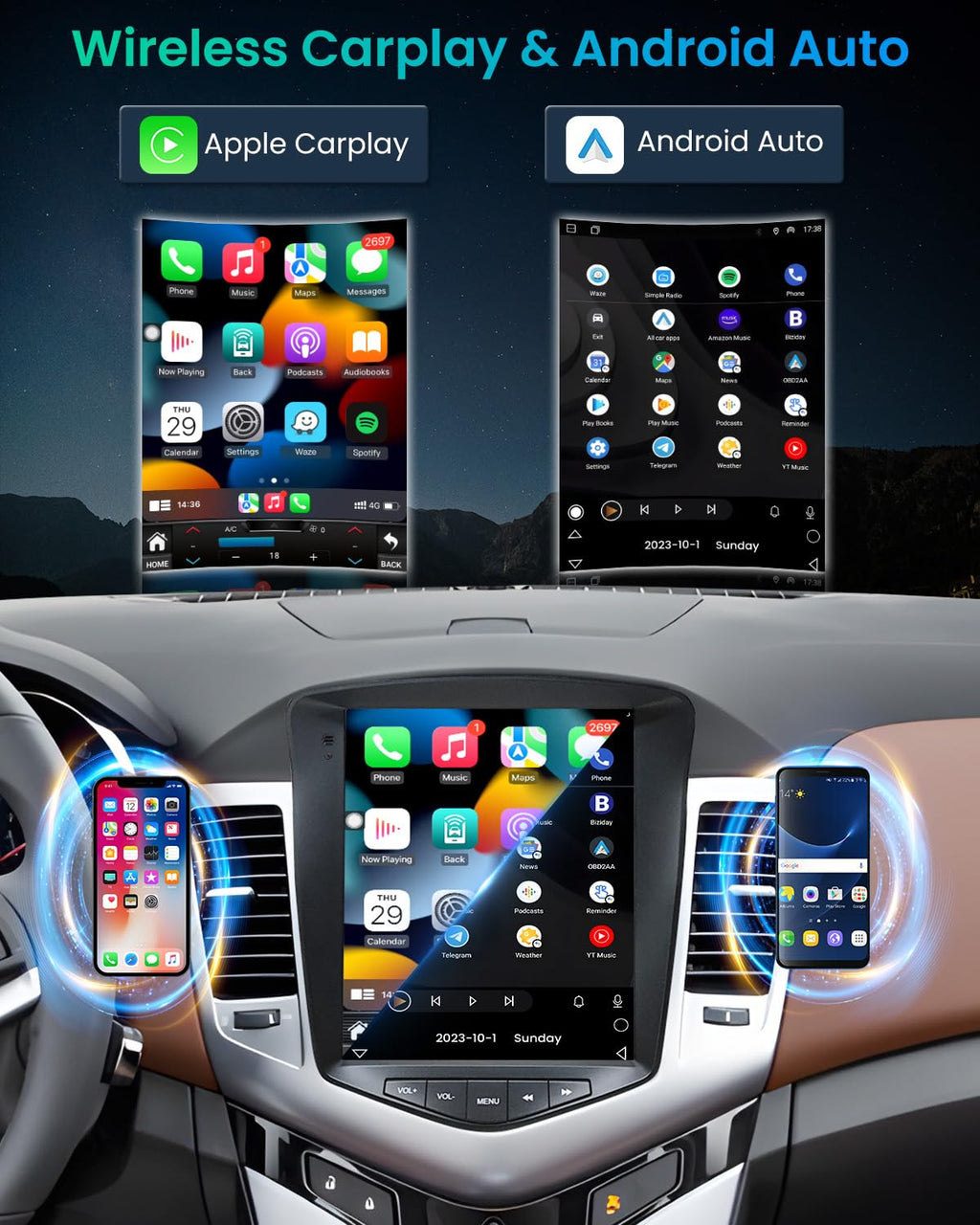 8Core+4GB RAM Andriod 13 Car Radio Stereo for Chevrolet Chevy Cruze 2009-2015: 10.4 Inch Tesla Style HD IPS Touchscreen Wireless Carplay Andriod Auto GPS Navi Bluetooth 5G WiFi Backup Camera FM SWC