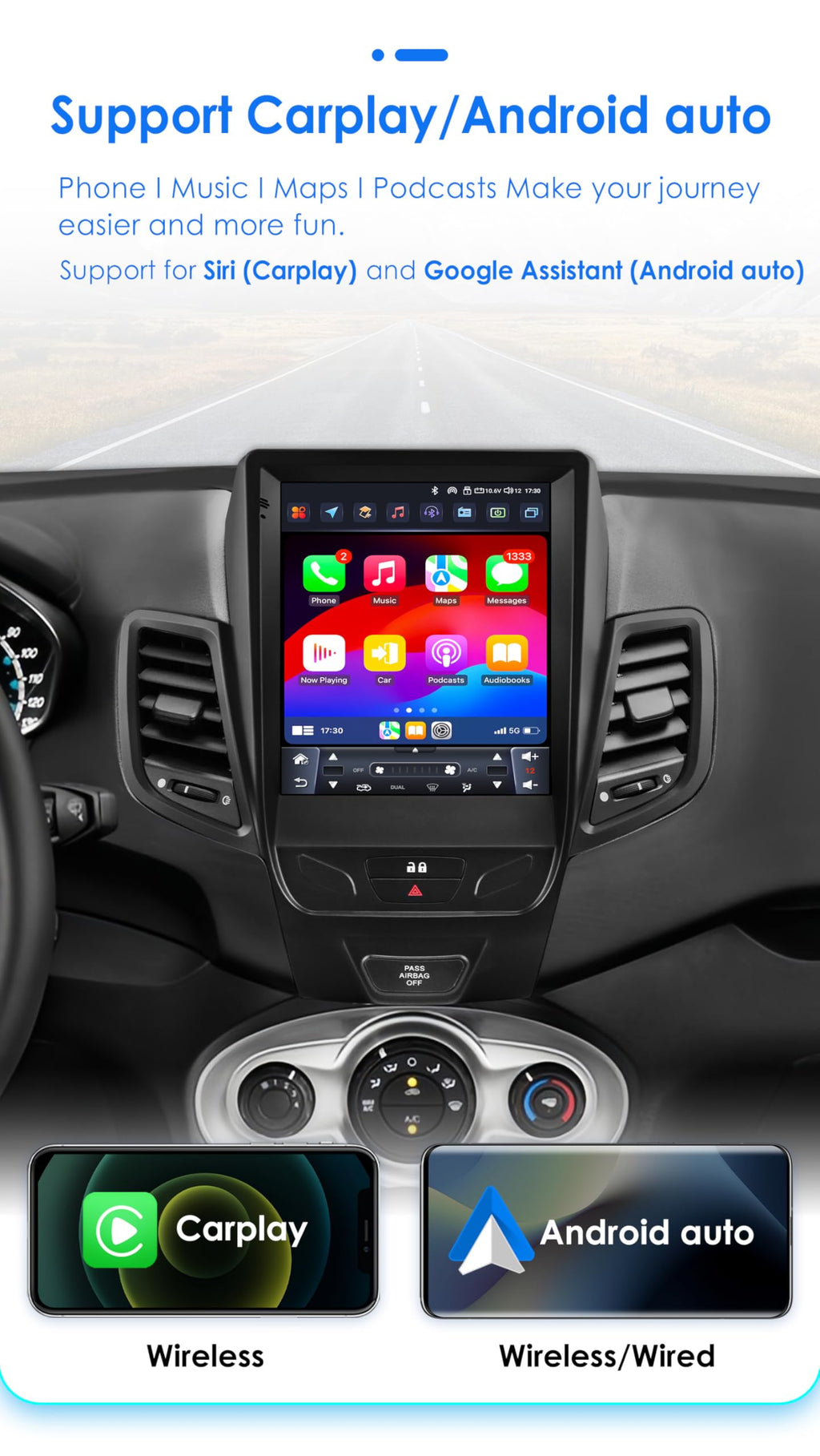 8 Core 6GB+64GB 9.7Inch HD Touchscreen Android 14 Stereo Car Radio Upgrade for Ford Fiesta 2009-2016 Wireless Carplay | Android Auto WiFi GPS Navigation Bluetooth 5.0 AM FM,SWC, Car Tablet