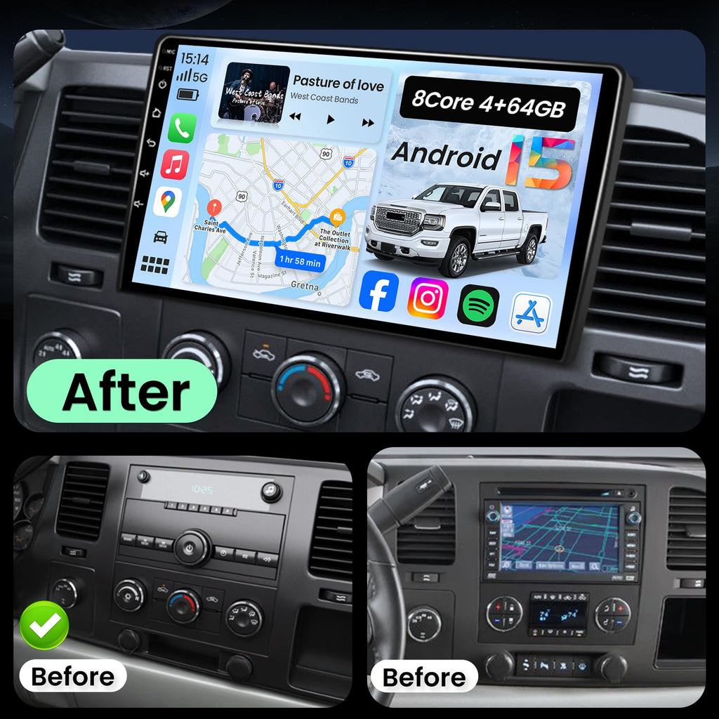 8Core 4+64GB Android 15 Car Radio Stereo for Chevy Silverado 2007-2013 GMC Sierra Yukon 10" Head Unit 1280 * 800 IPS Touchscreen, CarPlay & Android Auto, FM/AM, Backup Camera, Plug and Play