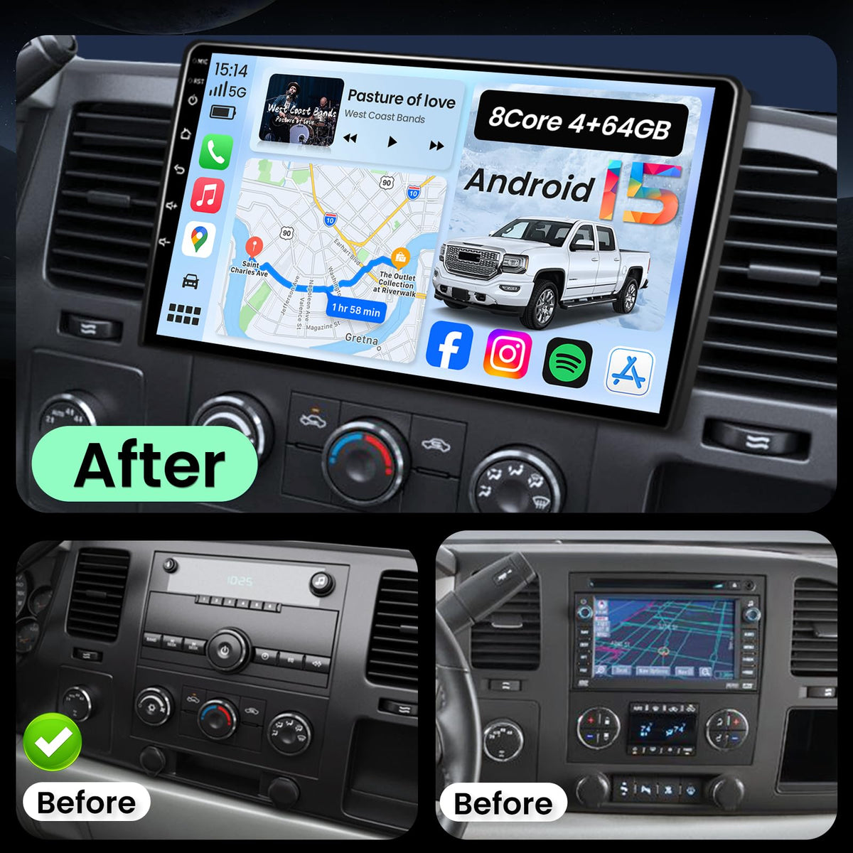 8Core 4+64GB Android 15 Car Radio Stereo for Chevy Silverado 2007-2013 GMC Sierra Yukon 10" Head Unit 1280 * 800 IPS Touchscreen, CarPlay & Android Auto, FM/AM, Backup Camera, Plug and Play