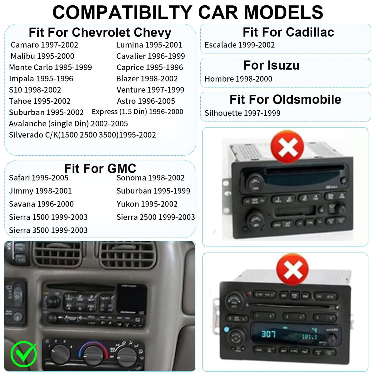 Plug&Play 1.5 Din Car Radio for Chevy Silverado 1995-2002，S10 1998-2002，Blazer 1998-2002，for GMC Suburban 1995-1999,Yukon 1995-2002 Sonoma 1998-2002，6.9 Inch IPS Touch Screen with Carplay Android auto