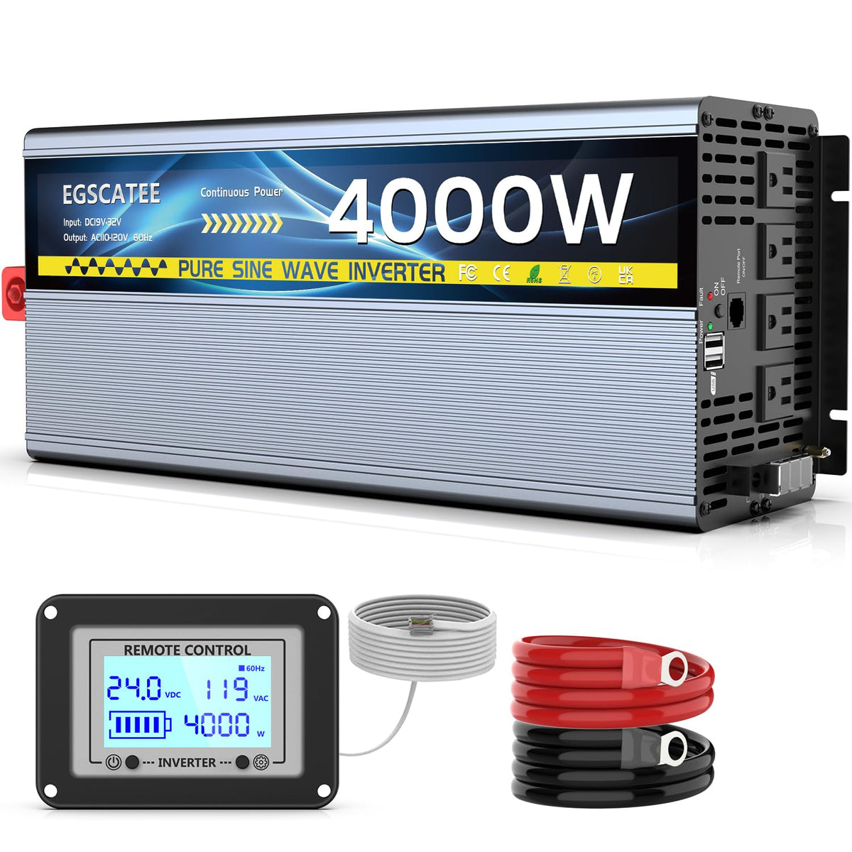 12V 3000W Pure Sine Wave Inverter 12V DC to 110V/120V AC Converter with 4AC Outlets, 5V/3.4A USB, Remote Control with on-Screen Display, Off-Grid Solar Power Inverter for Truck, Home, Vehicles, RV