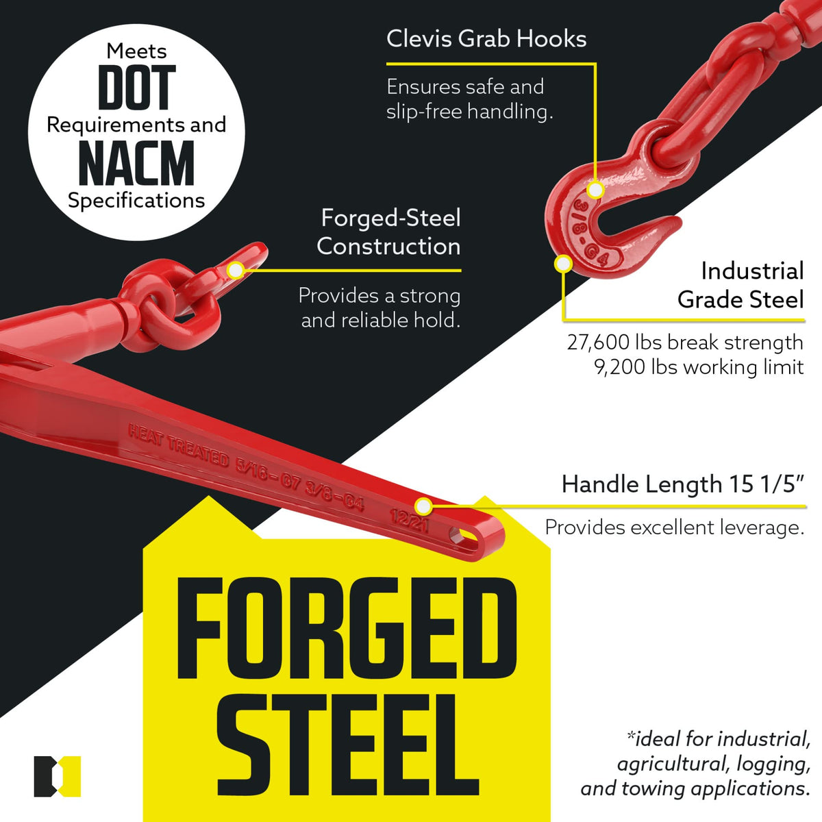 DC Cargo Heavy-Duty Ratcheting Chain Binder 3/8"-1/2", Load Binders with 9,200 lbs Working Load Limit - Chain Binders Ratcheting for Secure and Safe Transport (Pack of 4)