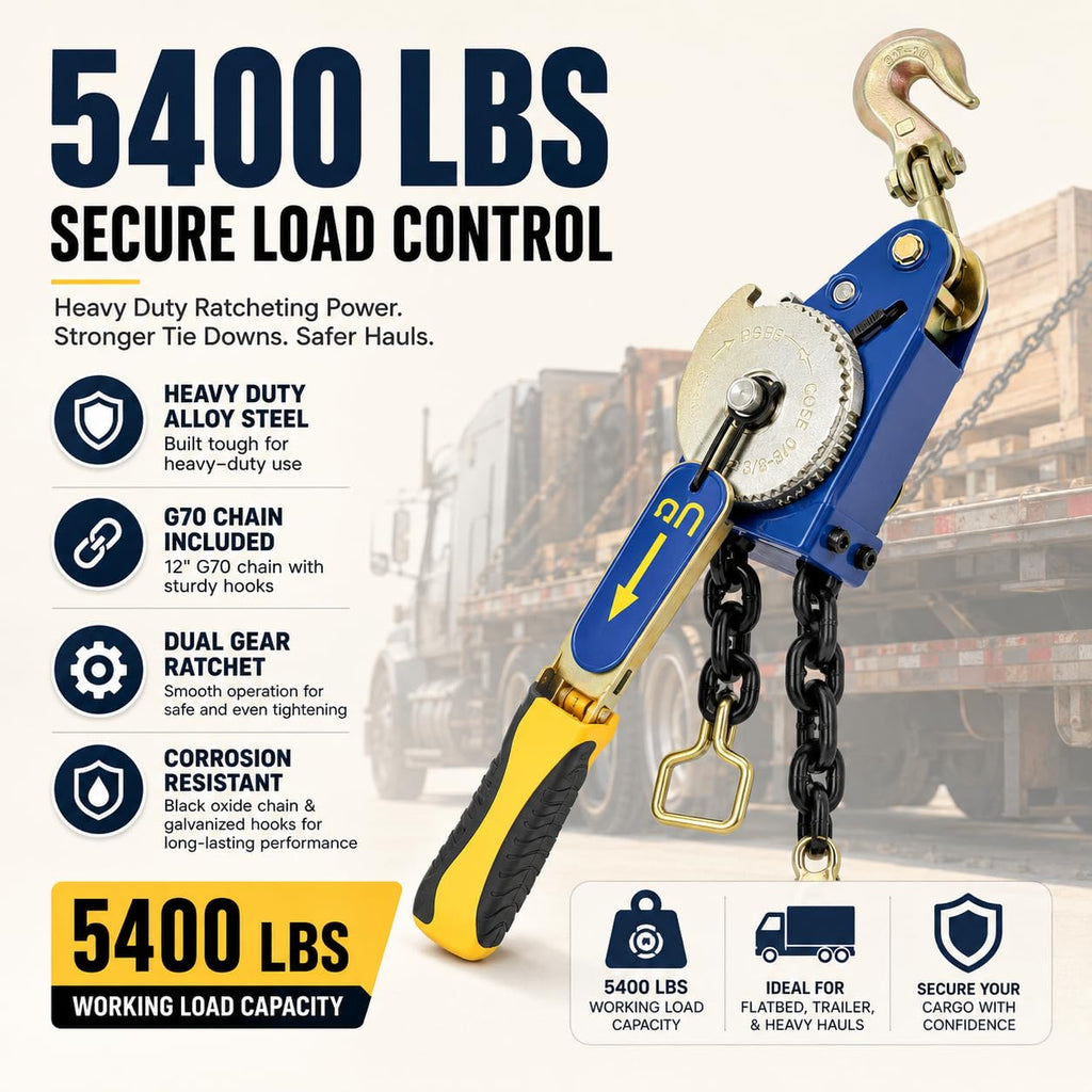 2 Pack 5/16"-3/8" Easy Ratchet Chain Binder with Grab Hooks & 5400 lbs WLL - Heavy Duty Tie Down Chain Ratchet Binder Load Binder for Flatbed Trailers Truck, Cargo Tie Down