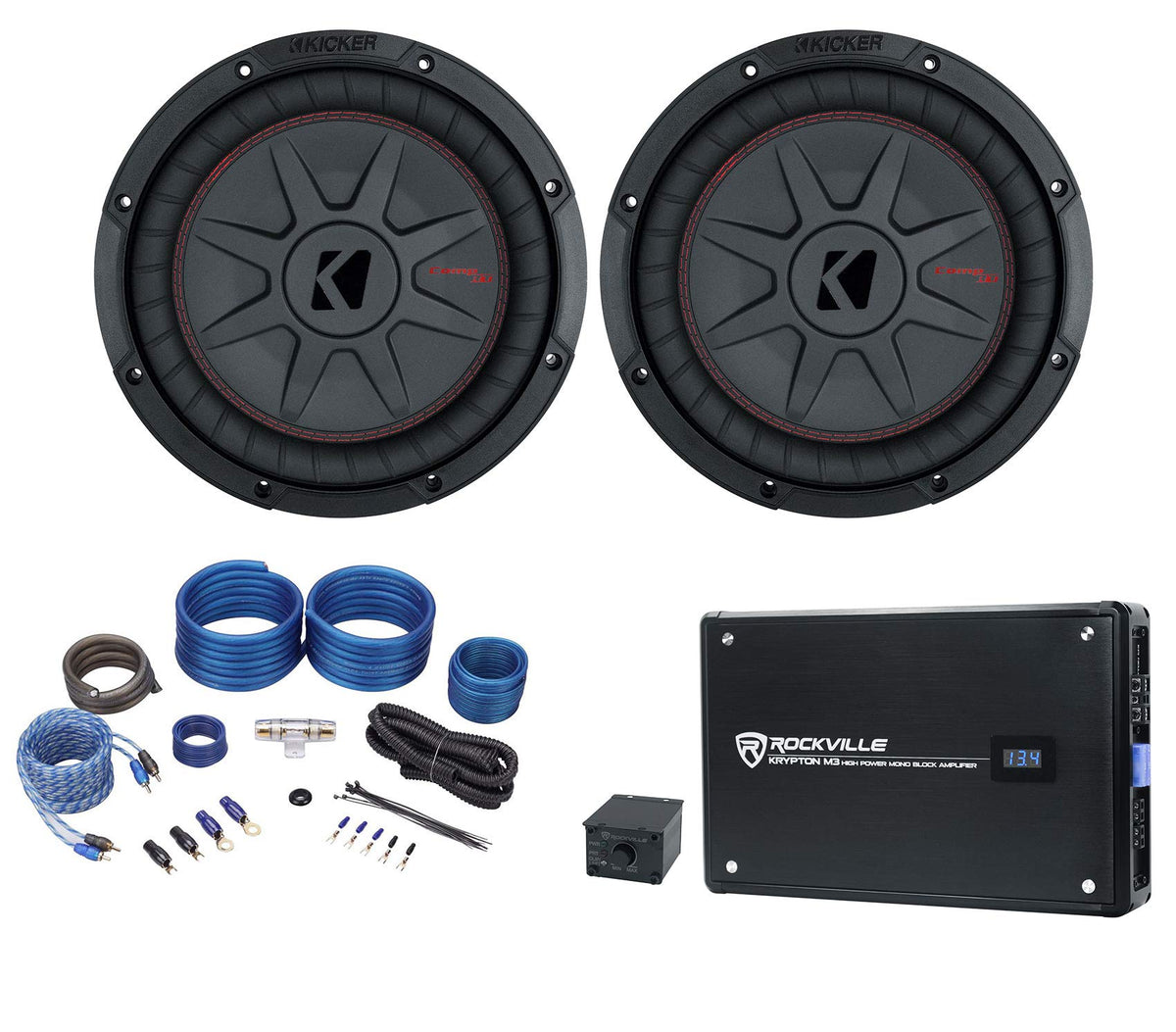 KICKER 2 Kicker 48CWRT104 10in 1600W Slim Shallow Car Subwoofers Bundle with Rockville Krypton-M3 4000w Max1000w RMS Mono 1 Ohm Car Amplifier Amp+Remote&Rockville RWK41 Installation Wire Kit(3Items)