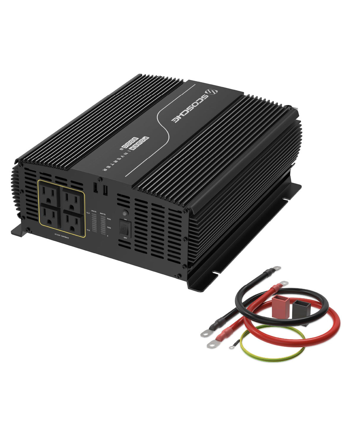 Scosche 5000W Modified Sine Wave Inverter 12V DC to 120V AC Converter, 10000W Peak, 4 AC Outlets, Dual USB-A Ports, LED Indicator, Heavy Duty Power Inverter for Truck, RV, Off-Grid Systems