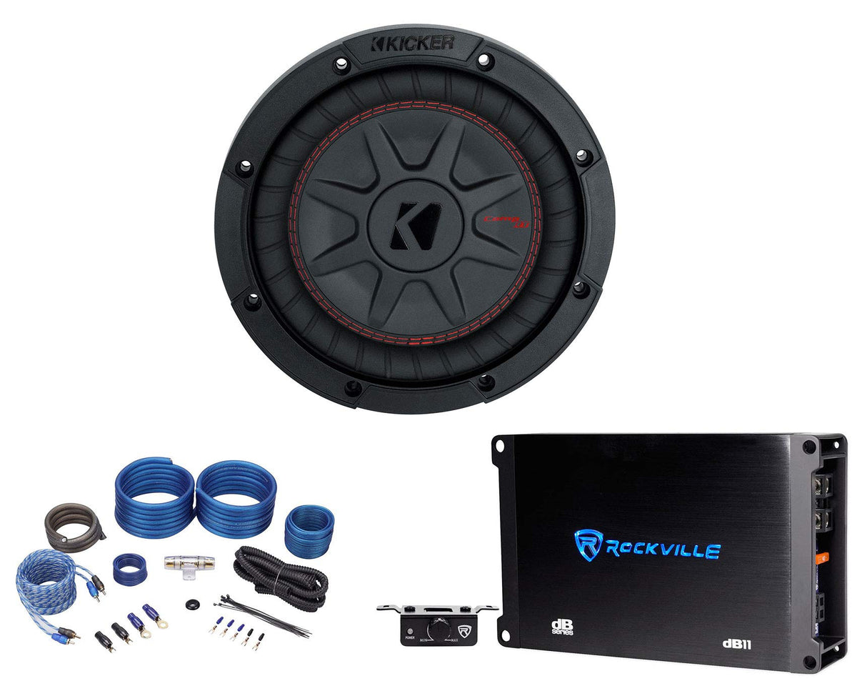 KICKER 48CWRT84 COMPRT8 600w 8 inches Shallow Car Subwoofer Bundle with Rockville dB11 1400w Mono 2-Ohm Amplifier Car Amp with Bass Remote & Rockville RWK41 Installation Wire Kit (3 Items)