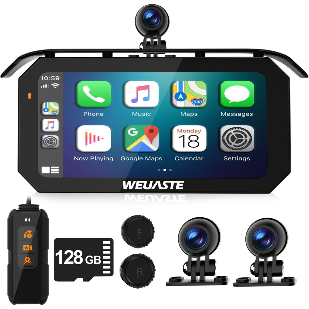 6.25' Motorcycle Carplay with Three Dash Cam (Inclues 128G SD),TMPS,GPS Navigation with Wireless Android Auto,Waterproof Touchscreen,Support Siri,Google Assistant,Anti-Glare,Bluetooth