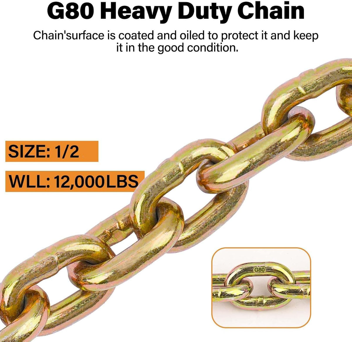 G80 Chain, 1/2" x 20' Safety Chain w/Grade 80 Clevis Grab Hooks