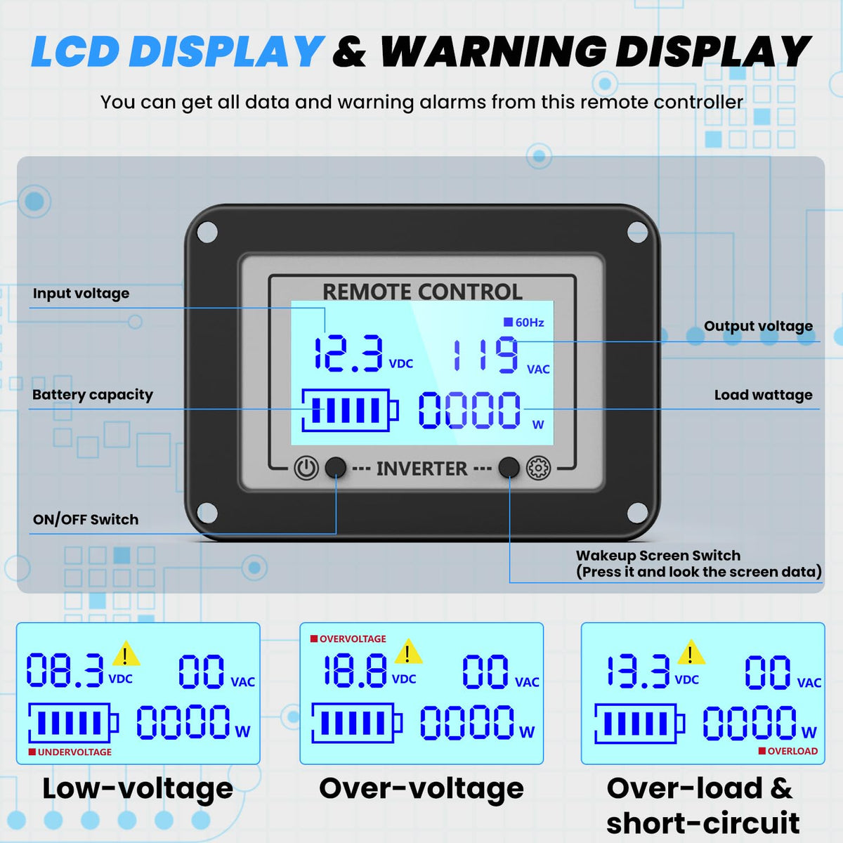 12V 3000W Pure Sine Wave Inverter 12V DC to 110V/120V AC Converter with 4AC Outlets, 5V/3.4A USB, Remote Control with on-Screen Display, Off-Grid Solar Power Inverter for Truck, Home, Vehicles, RV