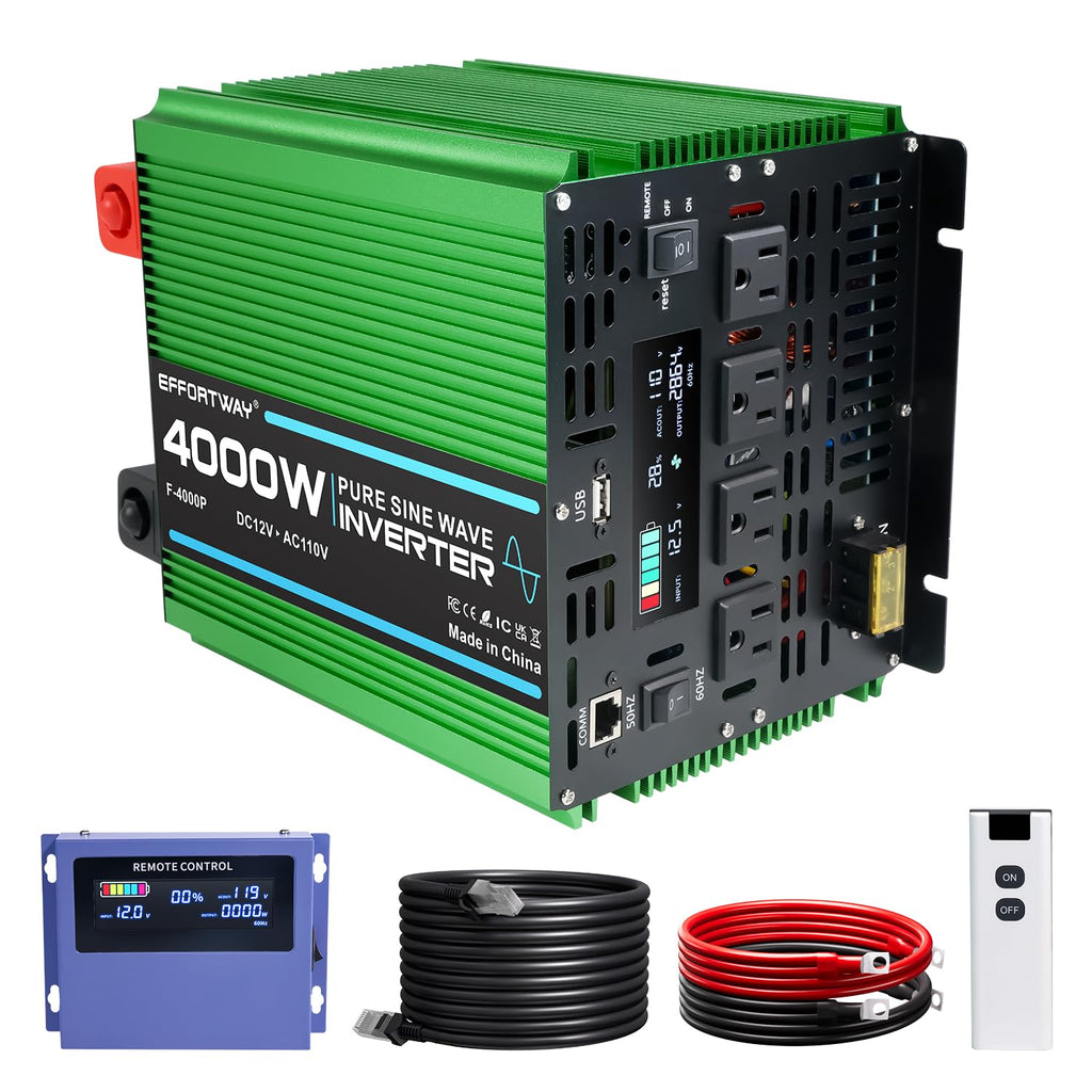 4000W Pure Sine Wave Power Inverter, 12V DC to 110V/120V Inverter with 4 AC Outlets, USB Port, Hardwire Port, Remote Controller, Car Converter for RV, Truck, Boat, Camping, Off-Grid