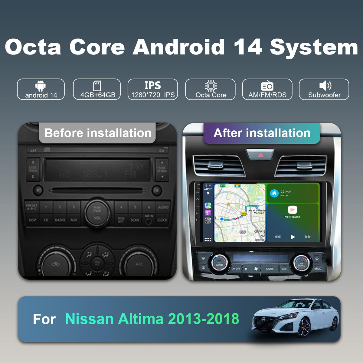 4+64G Upgraded Android 14 Car Radio Stereo for Nissan Altima 2013-2018