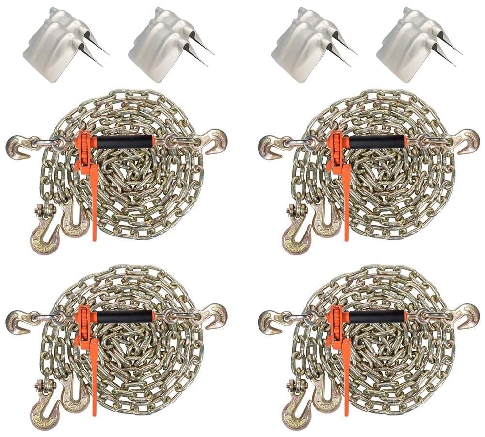 Mytee Products Chain Binder Tie Down Kit - 4 Pcs 3/8"-1/2" Hi-Viz Folding Ratchet Load Binder 12,000 lb WLL, & 4 Pcs 3/8" x 12' G70 Binder Chain & 8 Pcs Steel Corner Protector for Flatbed Trucks