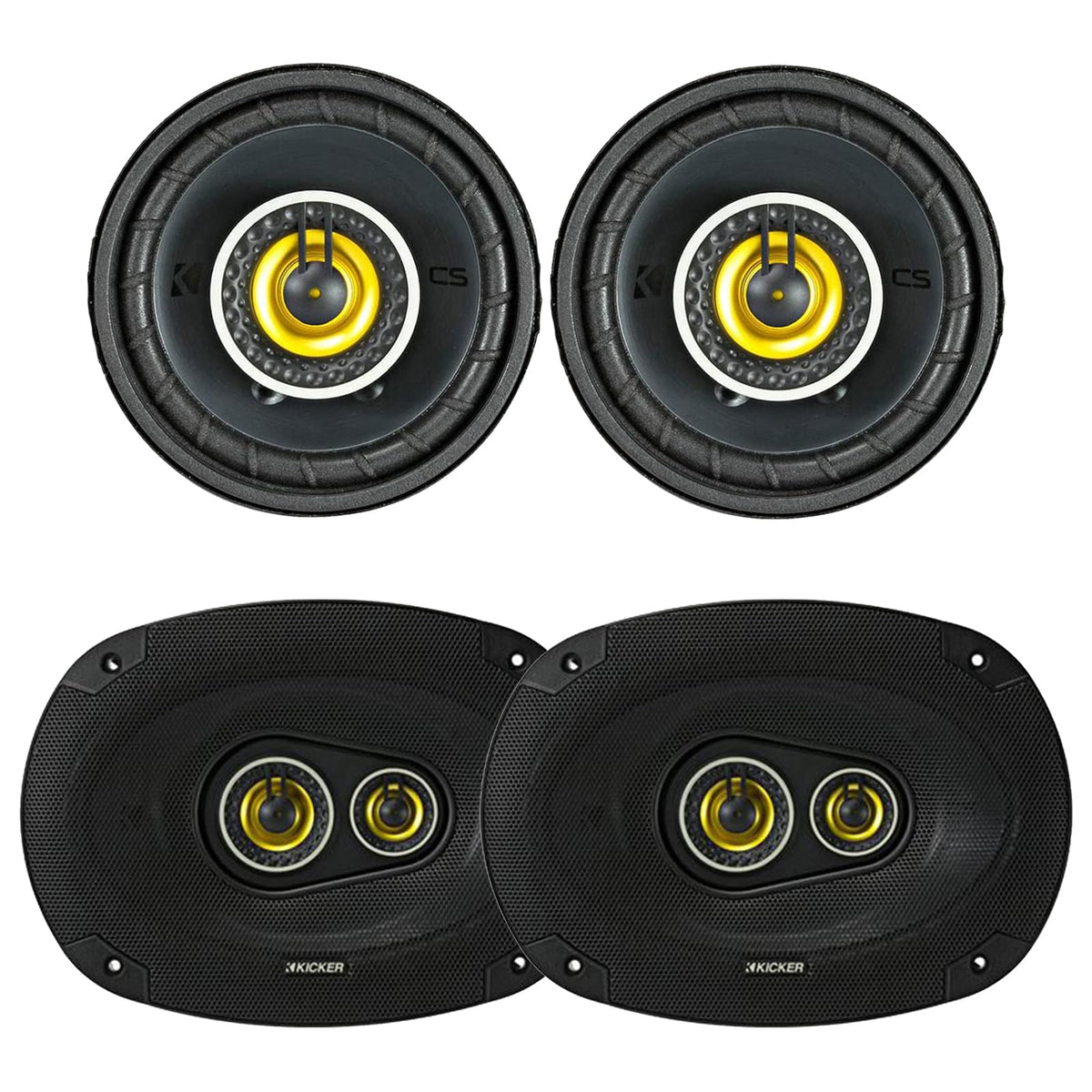 KICKER 3.5" 90 Watt Max Power 4 Ohm 2-Way Car Audio Coaxial Speakers (Pair) and 6x9 450 Watt Peak Power 3-Way Vehicle Audio Speakers (Pair)