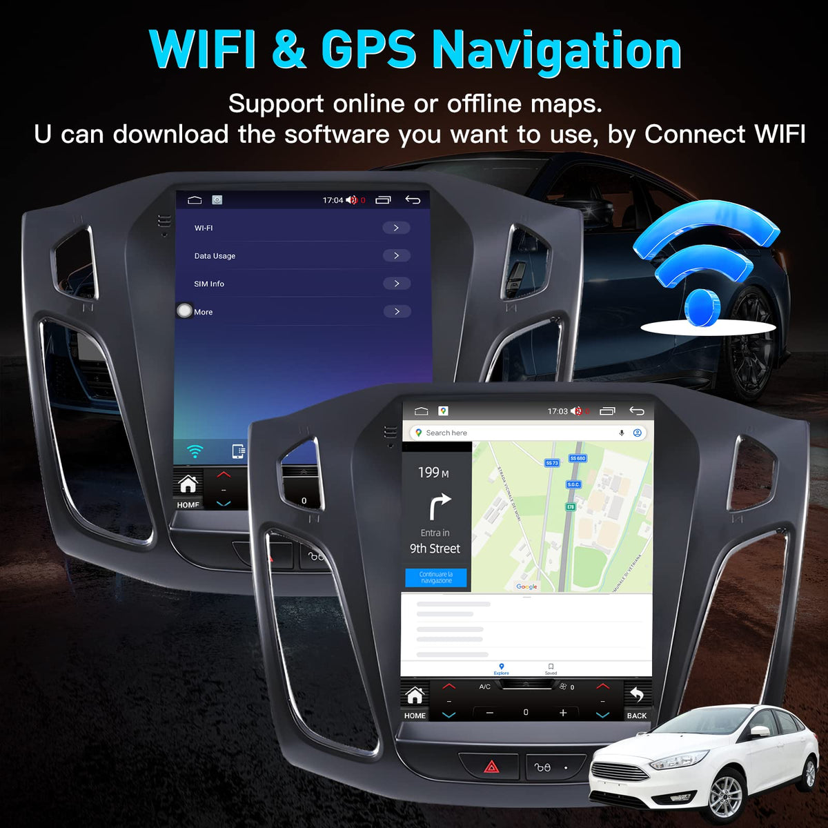 Ford Focus Car Stereo Radio 2012-2018 with Carplay/Android Auto, 10.4 Inch IPS Touch Screen Replacement with GPS Navigation Bluetooth 5GWiFi Mirror Link Backup Camera, 2G RAM 32G ROM