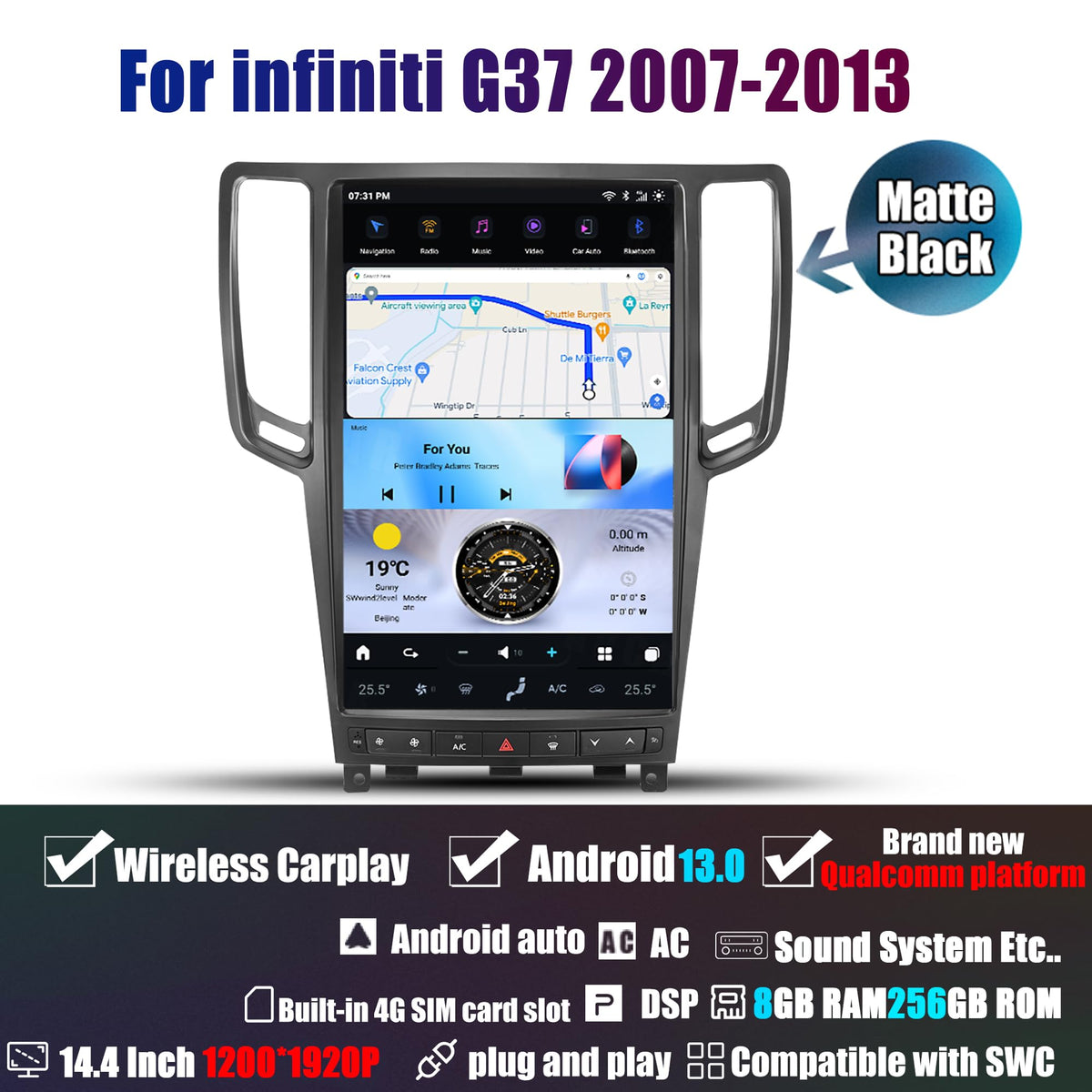 14.4" Car Radio for Infiniti G37 2007-2013, 8GB+256GB, Black
