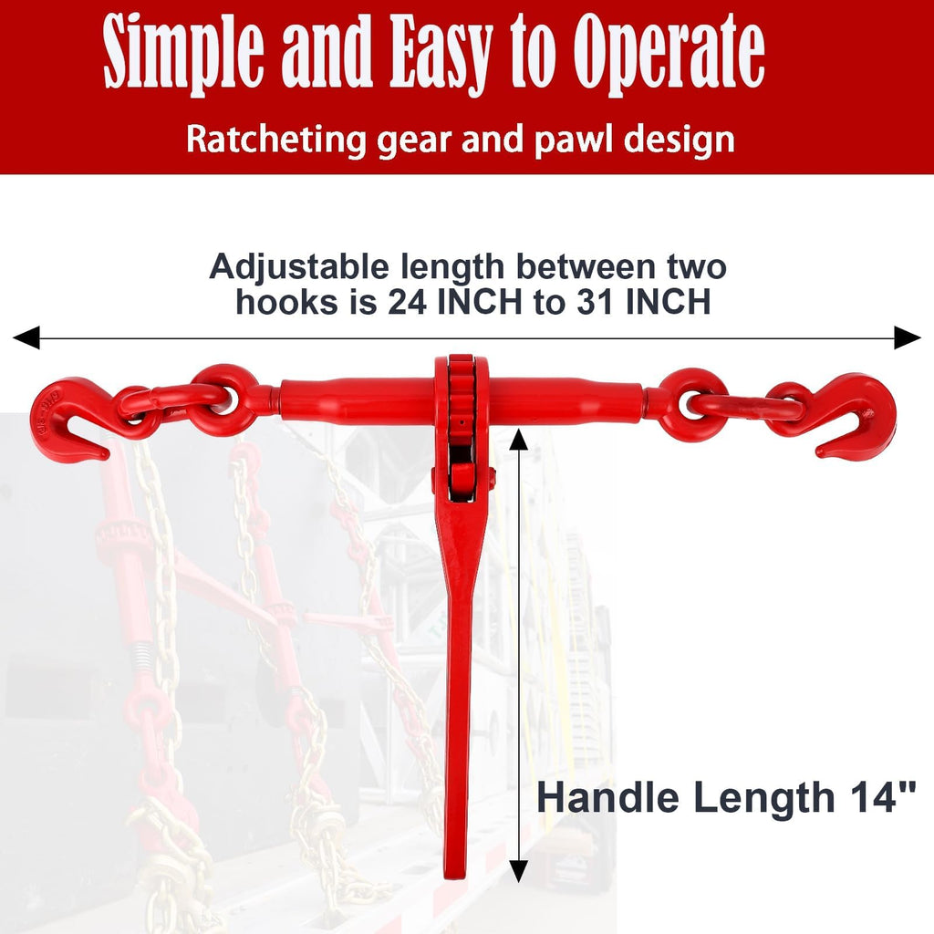 4 Pack 10ft 5/16" Chain and Binder Kit, 5/16"-3/8" Ratchet Binders