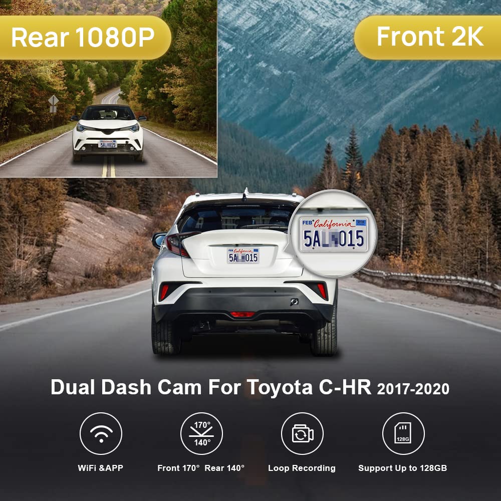 Fitcamx 2K Front and Rear Dash Cam Suitable for Toyota C-HR 2017 2018 2019 2020 LE Limited XLE Premium (Model A), OEM Style, Dual 1440P+1080P HD Video, Loop Recording WiFi, G-Sensor, 64GB Card
