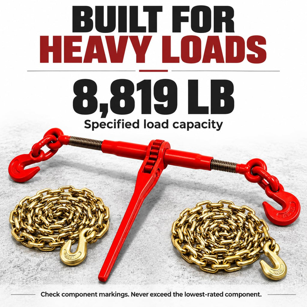 Ratchet Binder Kit, 8,819 lbs, Two 3/8" G80 Chains & Adjustable Grab Hooks
