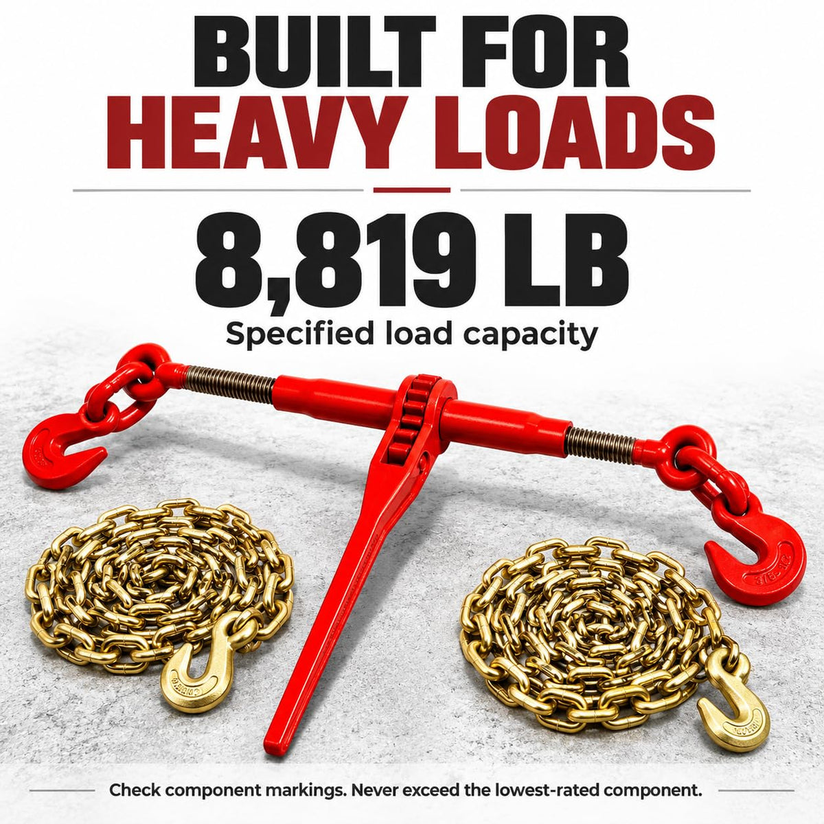 Ratchet Binder Kit, 8,819 lbs, Two 3/8" G80 Chains & Adjustable Grab Hooks