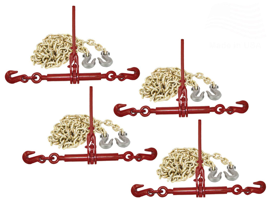 Mytee Products G70 Chain and Load Binder Kit | (4) 5/16-3/8" G70 G80 Load Binders & (4) 3/8" x 20' G70 Chains w/Grab Hooks | 6600 lbs Safe Load Limit for Truck & Flatbed Trailer | Made in USA