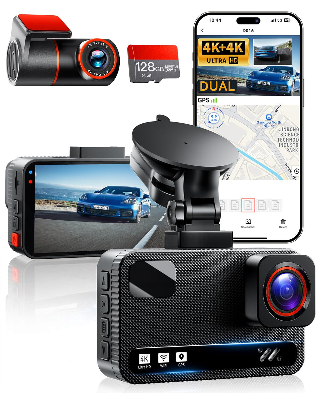 Dash Cam Front and Rear, 4K+4K Car Dash Camera, Free 128GB Card,5.8GHz WiFi