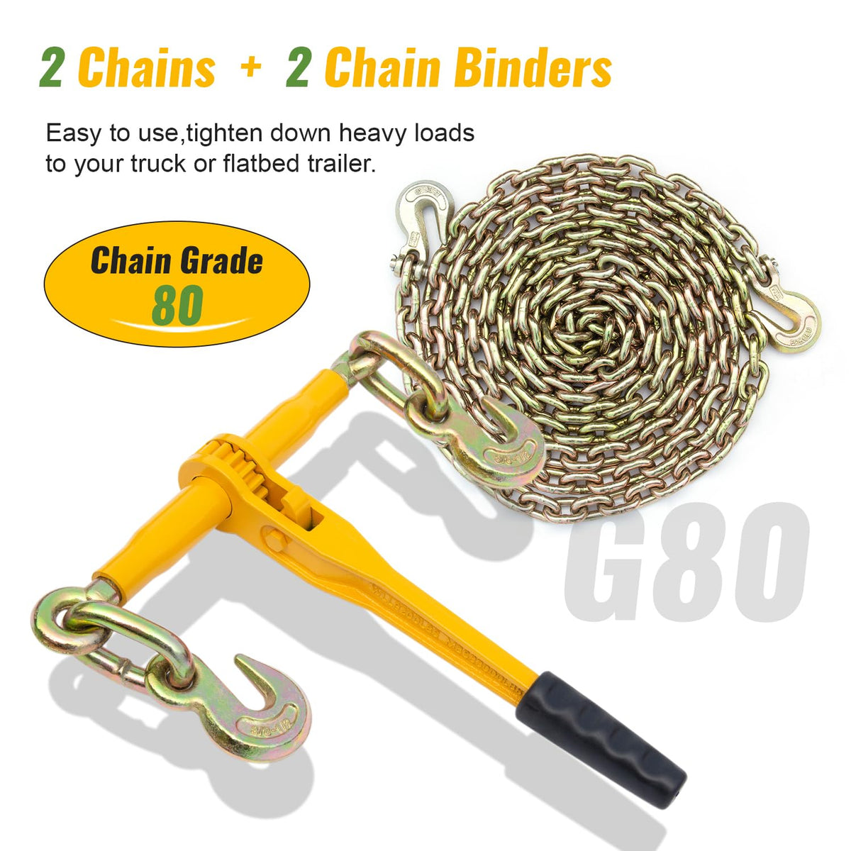 3/8in-1/2in Chain and Binder Kit, 9215 Lbs G80 Ratchet Load Binders Working Strength, Ratchet Load Binders and Chains Set of 2, 10ft Chains Truck, Tie Down, Hauling, Towing