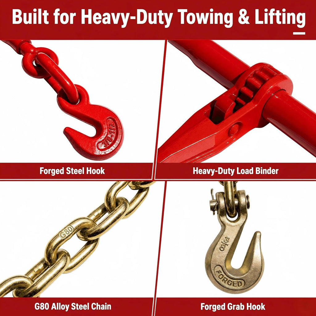 Ratchet Chain and Binder Kit 3/8" x 14FT, G80 Transport Chains and Binders for Trailer, Heavy Duty Load Binder with Grab Hooks for Flatbed Truck Trailer Cargo Securement, 8819 lbs WLL