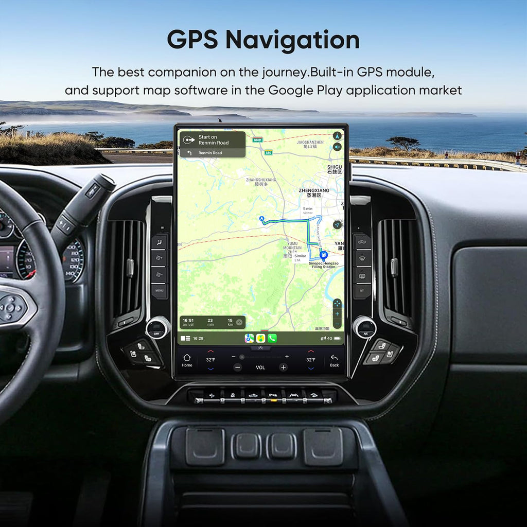 Android 14 Car Stereo Radio for GMC Sierra Chevrolet Silverado 2014-2019 Wirless Carplay/Android Auto 15.6 Inch Head Unit 2K Tesla Style IPS Touch Screen with Bluetooth GPS Navigation WiFi（Black）